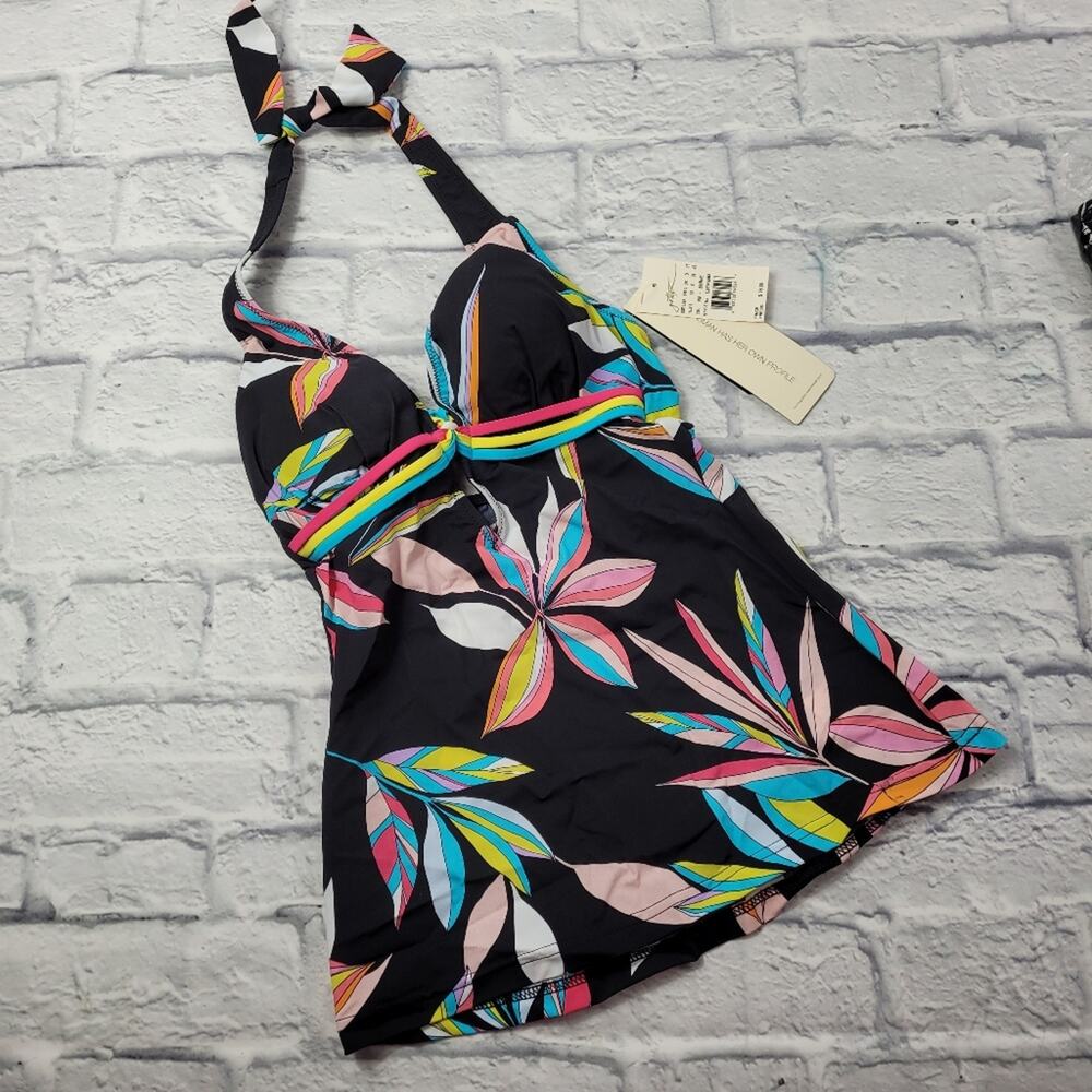 NWT Profile b Gottex Tropical Paparazzi Floral Black Multicolor Tankini Top sz 6 - Picture 2 of 16